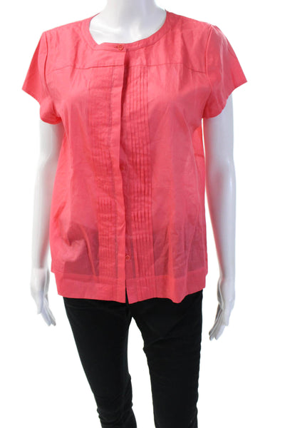 Theory Women Basic Pink Cotton Short Sleeve Button Up Blouse Size L