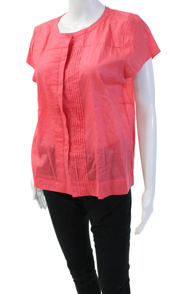 Theory Women Basic Pink Cotton Short Sleeve Button Up Blouse Size L