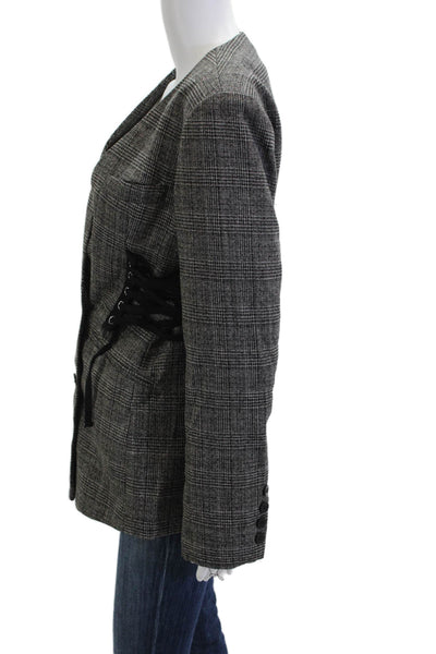 Seek The Label Women Black Checked Blazer V-Neck Button Long Sleeve Size M