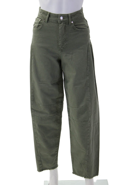 Aligne Womens Cropped Green Khakis Button 100% Organic Cotton Size 24