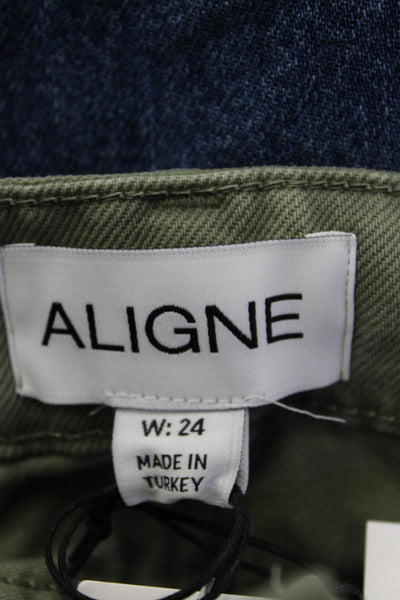 Aligne Womens Cropped Green Khakis Button 100% Organic Cotton Size 24