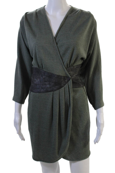 Black Halo Women Wrap Dress Dark Gray V-Neck 3/4 Sleeve Herringbone Size 2