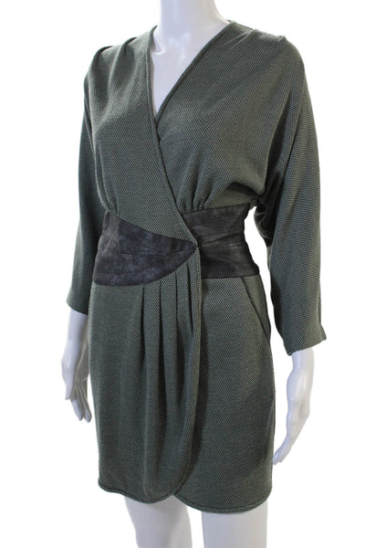 Black Halo Women Wrap Dress Dark Gray V-Neck 3/4 Sleeve Herringbone Size 2