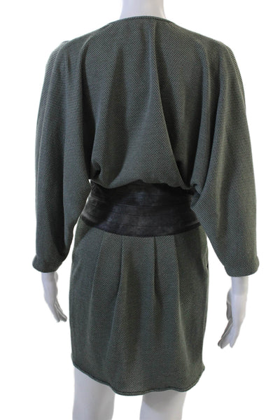 Black Halo Women Wrap Dress Dark Gray V-Neck 3/4 Sleeve Herringbone Size 2