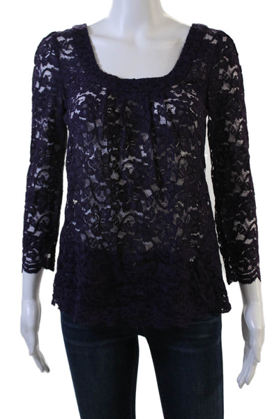 DVF Womens Dark Blue Floral Square Neck Blouse 3/4 Sleeve Size 2