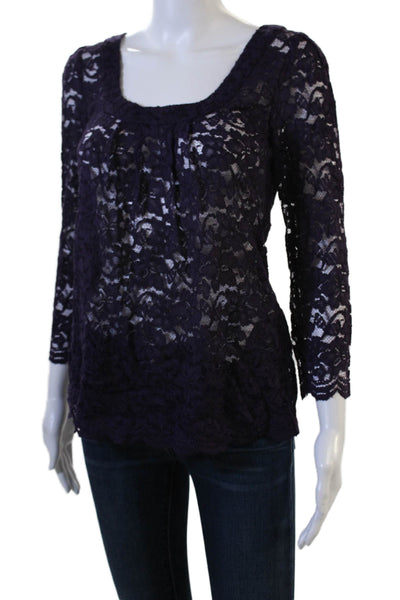 DVF Womens Dark Blue Floral Square Neck Blouse 3/4 Sleeve Size 2