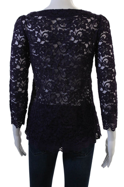 DVF Womens Dark Blue Floral Square Neck Blouse 3/4 Sleeve Size 2