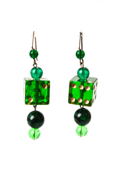 Designer Womens Vintage Green Bakelite Dice + Bead Dangle Earrings
