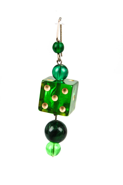 Designer Womens Vintage Green Bakelite Dice + Bead Dangle Earrings