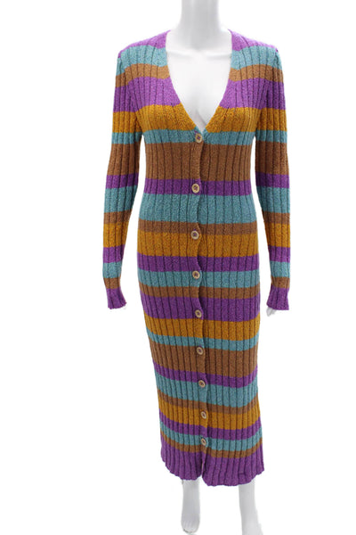 The Elder Statesman Women Sweater Dress Brown Striped V-Neck Long Sleeve Size M