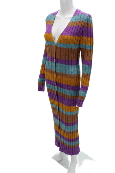 The Elder Statesman Women Sweater Dress Brown Striped V-Neck Long Sleeve Size M