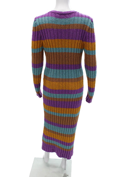 The Elder Statesman Women Sweater Dress Brown Striped V-Neck Long Sleeve Size M