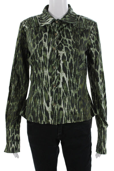 St. John Sport Women Black Animal Print Collared Button-Up Top Size 0P