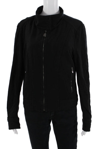 St. John Sport Women Black Cotton Blend Zip Jacket High Neck Long Sleeve Size M