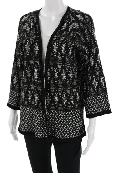 St. John Womens Cardigan Black Geometric Aztec 3/4 Sleeve Size S