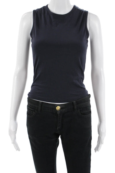 MNG Womens Basic Dark Blue Crew Neck Tank Solid Sleeveless Size XS