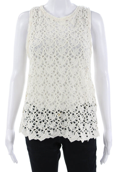 Zara Women Bohemian White Sleeveless Tank Top Round Neck Nylon Blend Size S