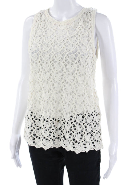 Zara Women Bohemian White Sleeveless Tank Top Round Neck Nylon Blend Size S