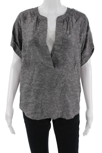 Theory Womens Silk Floral Tunic Short Sleeve Dark Gray Size S