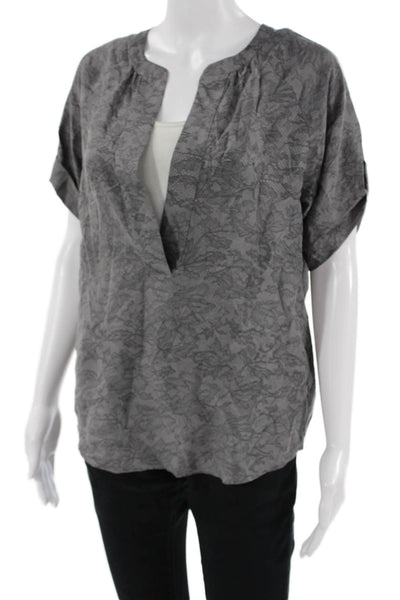 Theory Womens Silk Floral Tunic Short Sleeve Dark Gray Size S
