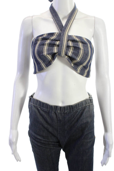 Esai Women Sleeveless Cropped Striped Dark Blue Cotton Top Buckle Size S