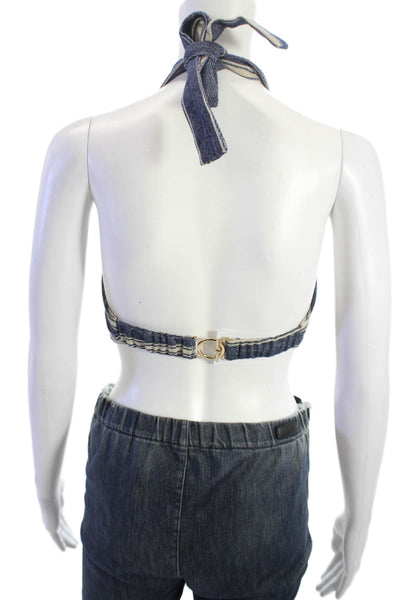 Esai Women Sleeveless Cropped Striped Dark Blue Cotton Top Buckle Size S