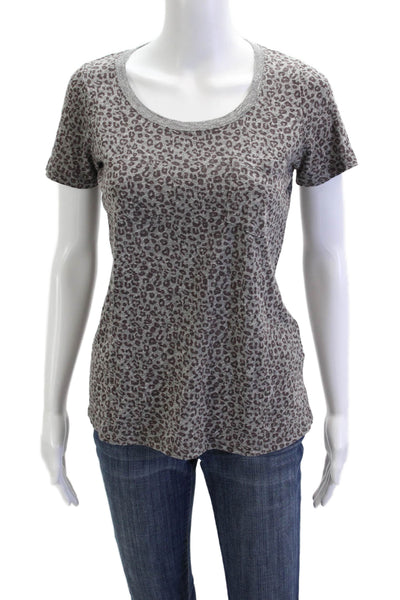 Monrow Women Basic T-Shirt Gray Animal Print Short Sleeve Round Neck Size XS