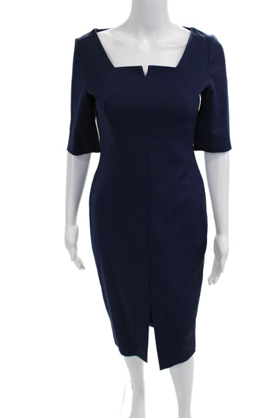 L.K. Bennett Women Dark Blue Pencil Sheath Dress Square Neck 3/4 Sleeve Size 4