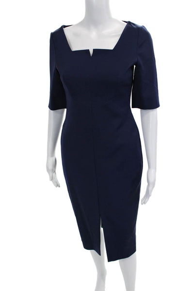 L.K. Bennett Women Dark Blue Pencil Sheath Dress Square Neck 3/4 Sleeve Size 4