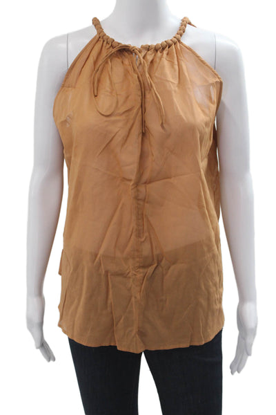 Goelia Women Brown Cotton Sleeveless Boho Tank Drawstring Solid Size L