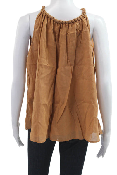 Goelia Women Brown Cotton Sleeveless Boho Tank Drawstring Solid Size L