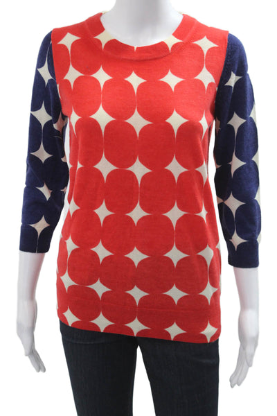 J Crew Women Red Merino Wool Geometric Crew Neck Pullover Size S