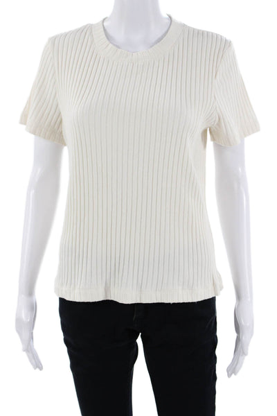 Vince Womens Striped Modal Crew Neck Short Sleeve Basic T-Shirt White Size L