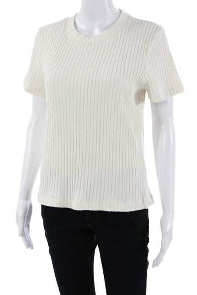 Vince Womens Striped Modal Crew Neck Short Sleeve Basic T-Shirt White Size L