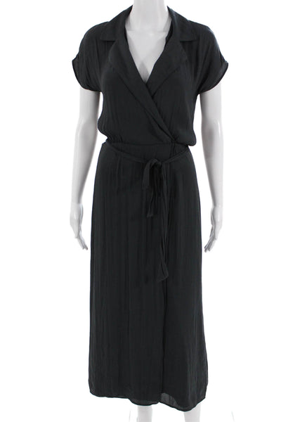 David Lerner Womens Wrap Maxi Dress Black Collared Short Sleeve Size XS