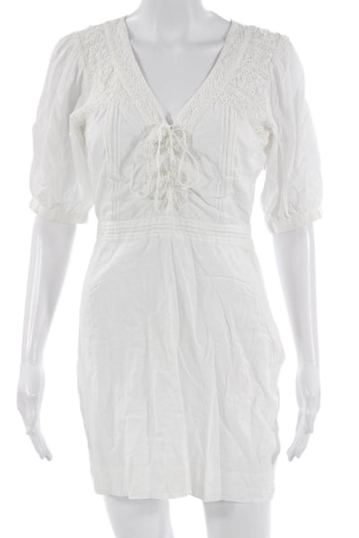 Joie Women Mini Shirt Dress White Cotton V Neck 3/4 Sleeve Button Boho Size 2