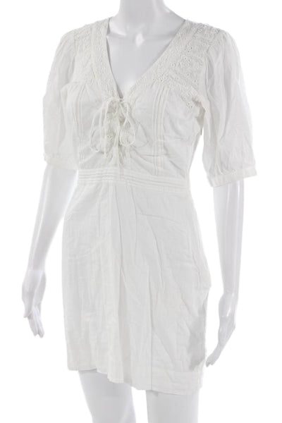 Joie Women Mini Shirt Dress White Cotton V Neck 3/4 Sleeve Button Boho Size 2