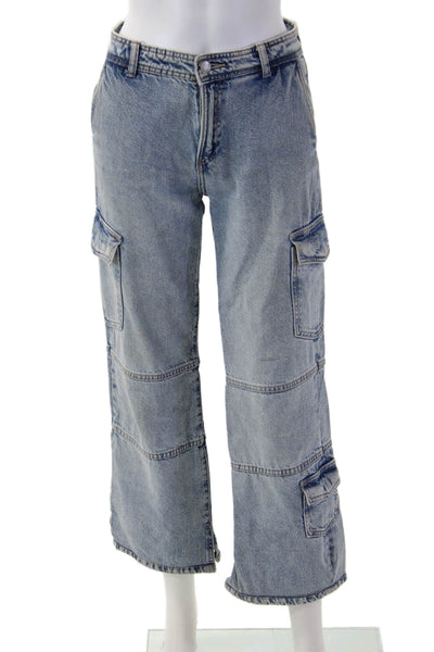 Zara Unisex Light Blue Cropped Wide Leg Jeans Button Mid Rise Size 8