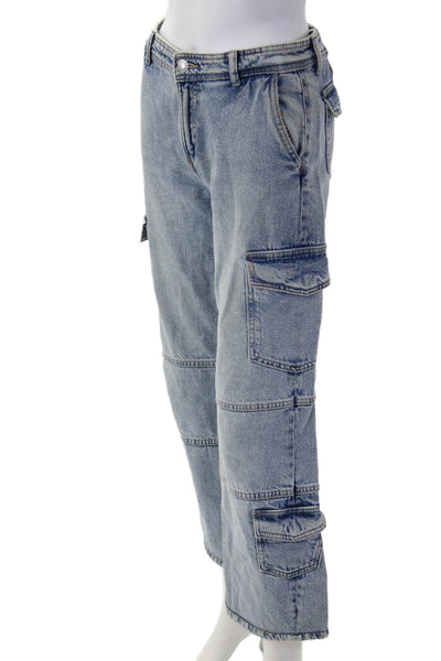 Zara Unisex Light Blue Cropped Wide Leg Jeans Button Mid Rise Size 8