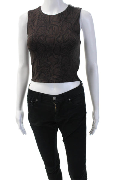 Babaton Women Cropped Snake Print Sleeveless Tank Black Zip Round Neck Size S