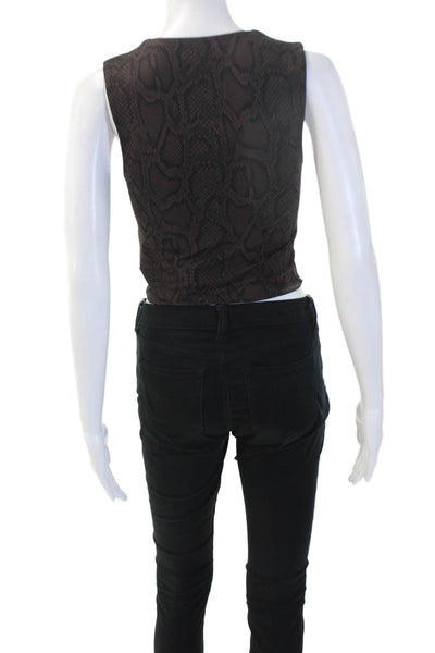 Babaton Women Cropped Snake Print Sleeveless Tank Black Zip Round Neck Size S