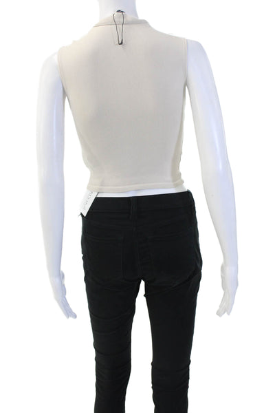 Zara Womens Cropped Mock Neck Tank Beige Cotton Sleeveless Size S