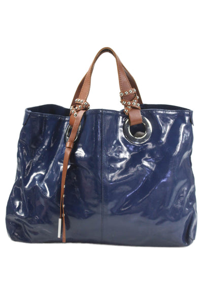 Nicoli Women's Zip Closure Leather Straps Tote Handbag Navy Blue