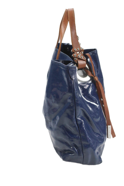 Nicoli Women's Zip Closure Leather Straps Tote Handbag Navy Blue
