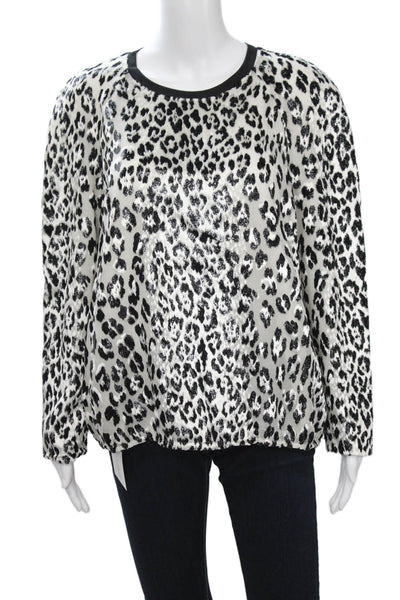 Designer Women Black Animal Print Long Sleeve Blouse Silk Blend Size M