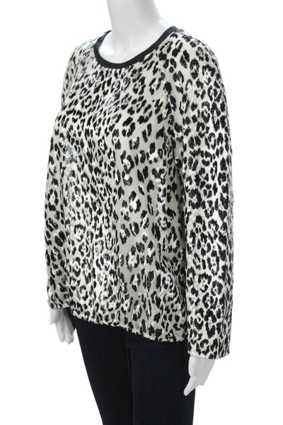 Designer Women Black Animal Print Long Sleeve Blouse Silk Blend Size M