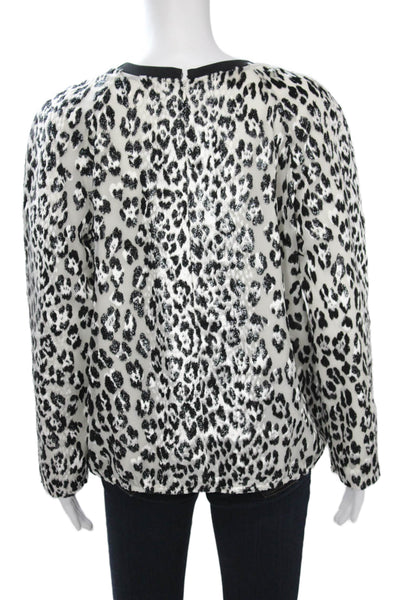 Designer Women Black Animal Print Long Sleeve Blouse Silk Blend Size M