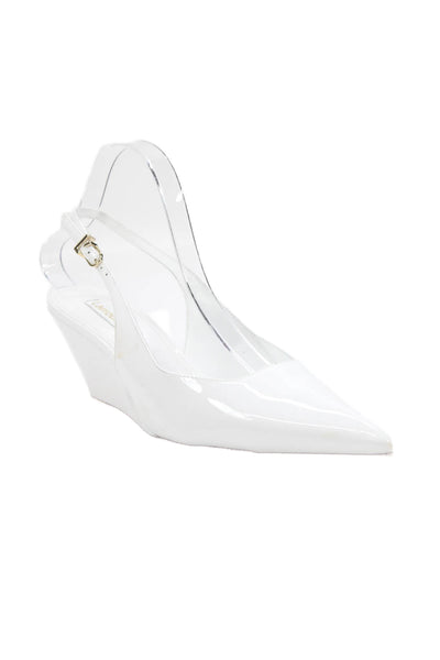 Larroude Womens Patent Leather Pointed Toe Slingbacks Wedges White Size 8.5
