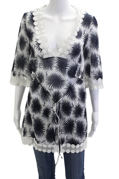 Milly Women Kimono Tunic Black Floral V-Neck 3/4 Sleeve Cotton Size S