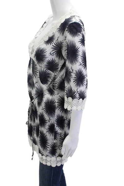 Milly Women Kimono Tunic Black Floral V-Neck 3/4 Sleeve Cotton Size S